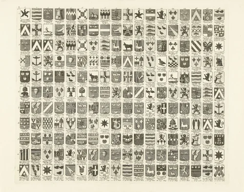 Wapenkaart met de wapens en namen van de heren veertigen van de stad Leiden by Abraham Delfos, print, 1758