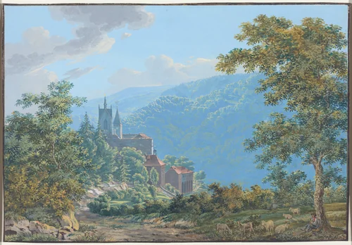 A Fortress in a Mountain Landscape at Sunrise by Jakob Wilhelm Huber, drawing, 1810