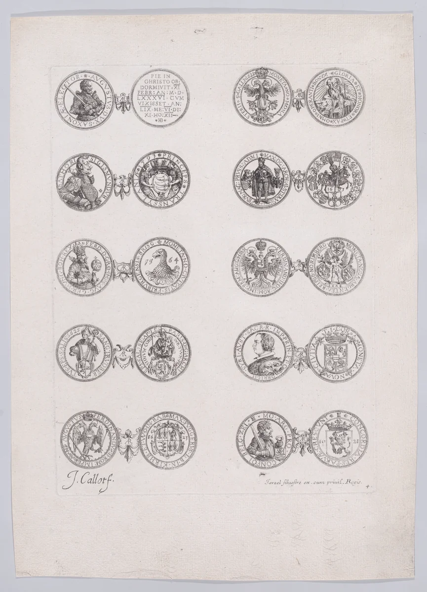 4th Plate, Featuring 10 Coins Issued by European Princes in the 16th and 17th centuries, from Les Monnaies (The Currencies) by Jacques Callot, print, 1625-1635