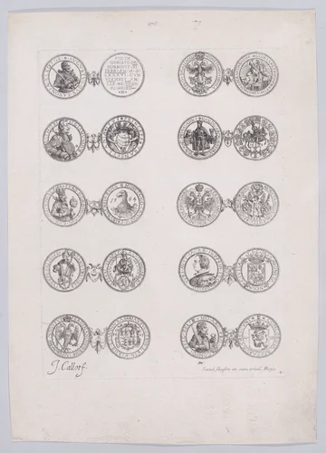 4th Plate, Featuring 10 Coins Issued by European Princes in the 16th and 17th centuries, from Les Monnaies (The Currencies) by Jacques Callot, print, 1625-1635