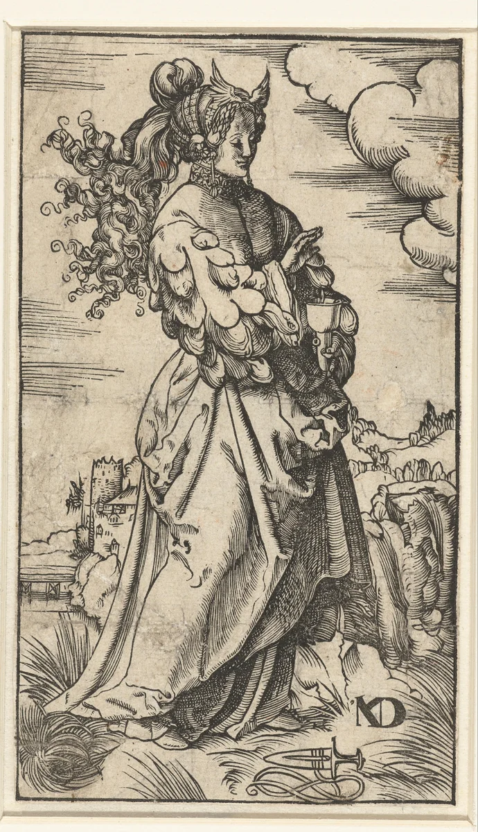 Wijze maagd met brandende olielamp in landschap by Unknown, print, 1518