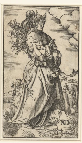 Wijze maagd met brandende olielamp in landschap by Unknown, print, 1518