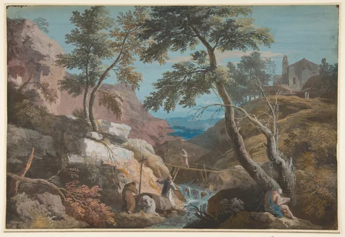 Mountainous Landscape with Hermits by Marco Ricci, drawing, 1676-1730