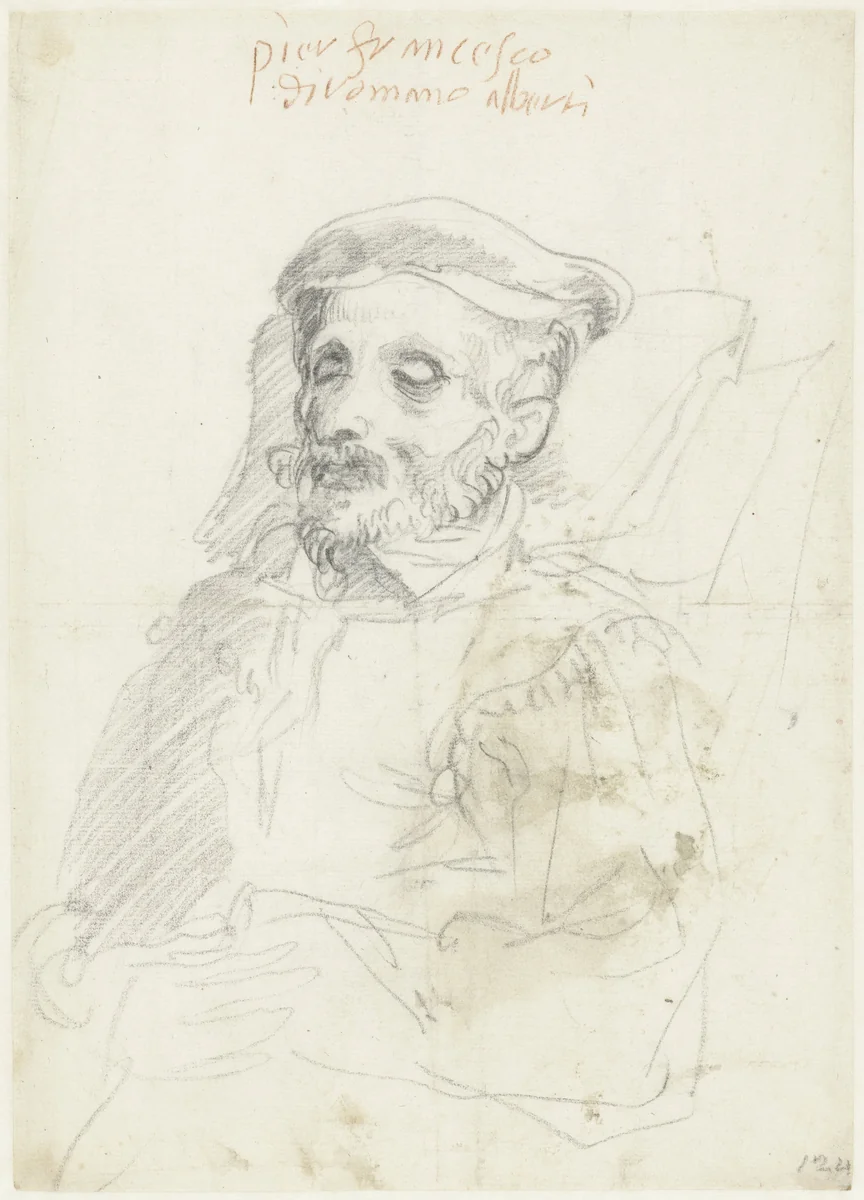 Portret van een oude man met gesloten ogen by Unknown, drawing, 1580-1600