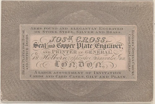 Trade Card for Josh Cross, Seal and Copper Plate Engraver by anonymous, print, 1800-1900