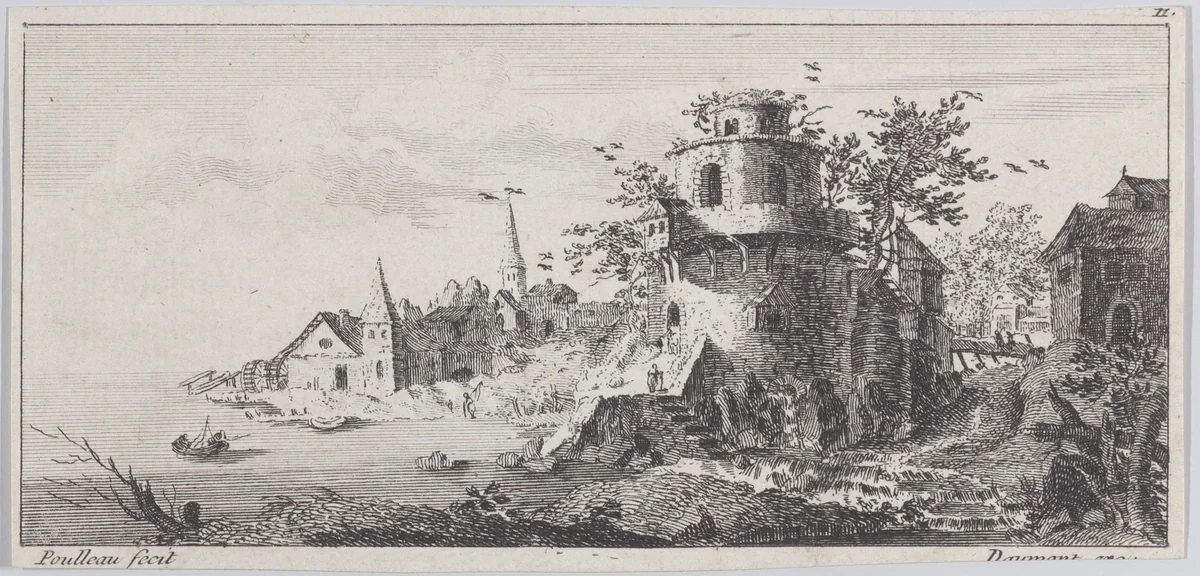 Landscape with round tower by Emile-Florentin Daumont, print, 1854-1904