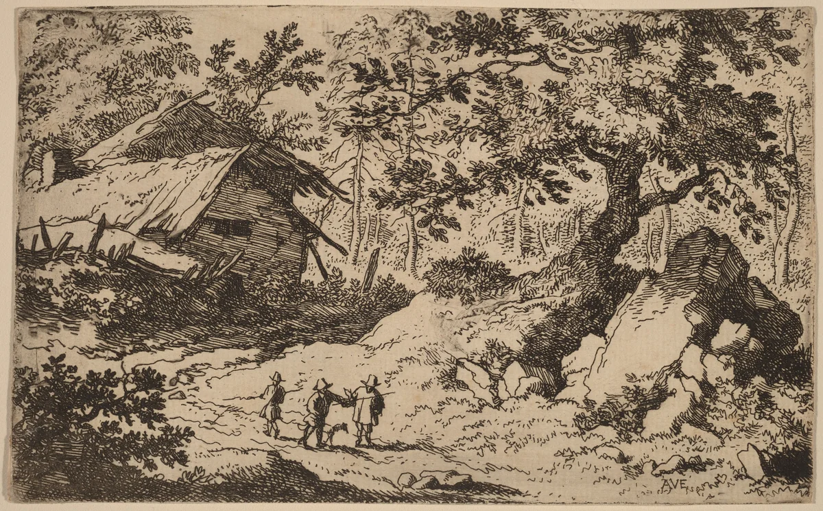 Ruinous Cottage by Allart van Everdingen, print, 1645-1656