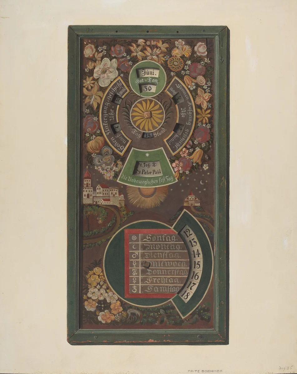 Zoar Calendar by Fritz Boehmer, index of american design, 1937