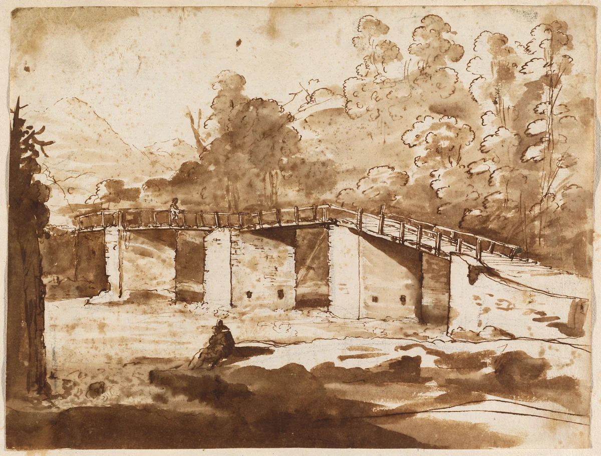 Landscape with a Bridge by Claude Lorrain, drawing, 1630-1635