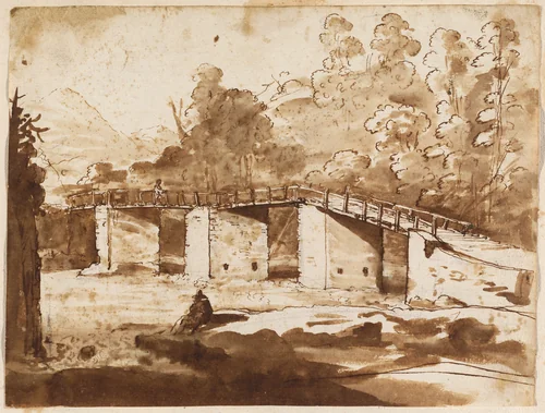 Landscape with a Bridge by Claude Lorrain, drawing, 1630-1635