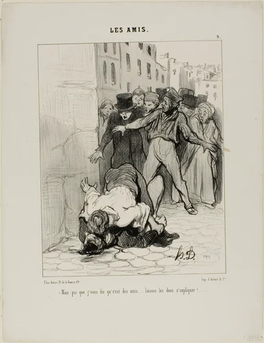 “- But I am telling you, they are friends.... they are just expressing themselves to each other,” plate 9 from Les Amis by Honoré-Victorin Daumier, print, 1845