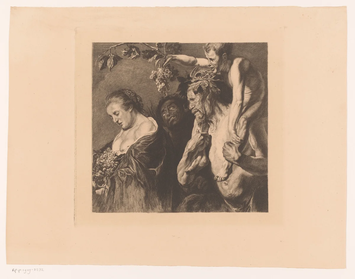Bacchanten, sater en vrouw met druiven by Charles Théodore Bernier, print, 1881-1909