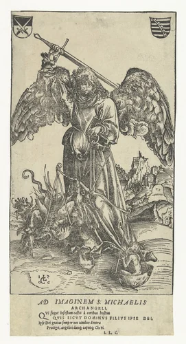 Aartsengel Michaël doodt Satan en weegt een ziel by Unknown, print, 1506