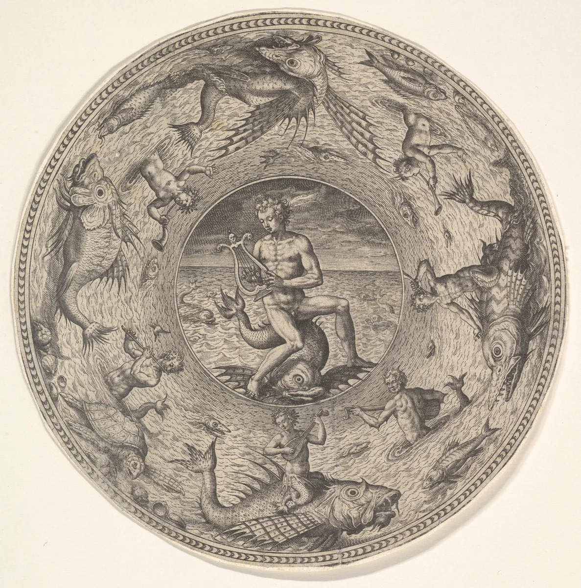 Arion on a Dolphin surrounded by a Border decorated with Sea Creatures, from a set of circular designs with sea gods by Adriaen Collaert, print, 1580-1600