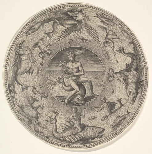 Arion on a Dolphin surrounded by a Border decorated with Sea Creatures, from a set of circular designs with sea gods by Adriaen Collaert, print, 1580-1600
