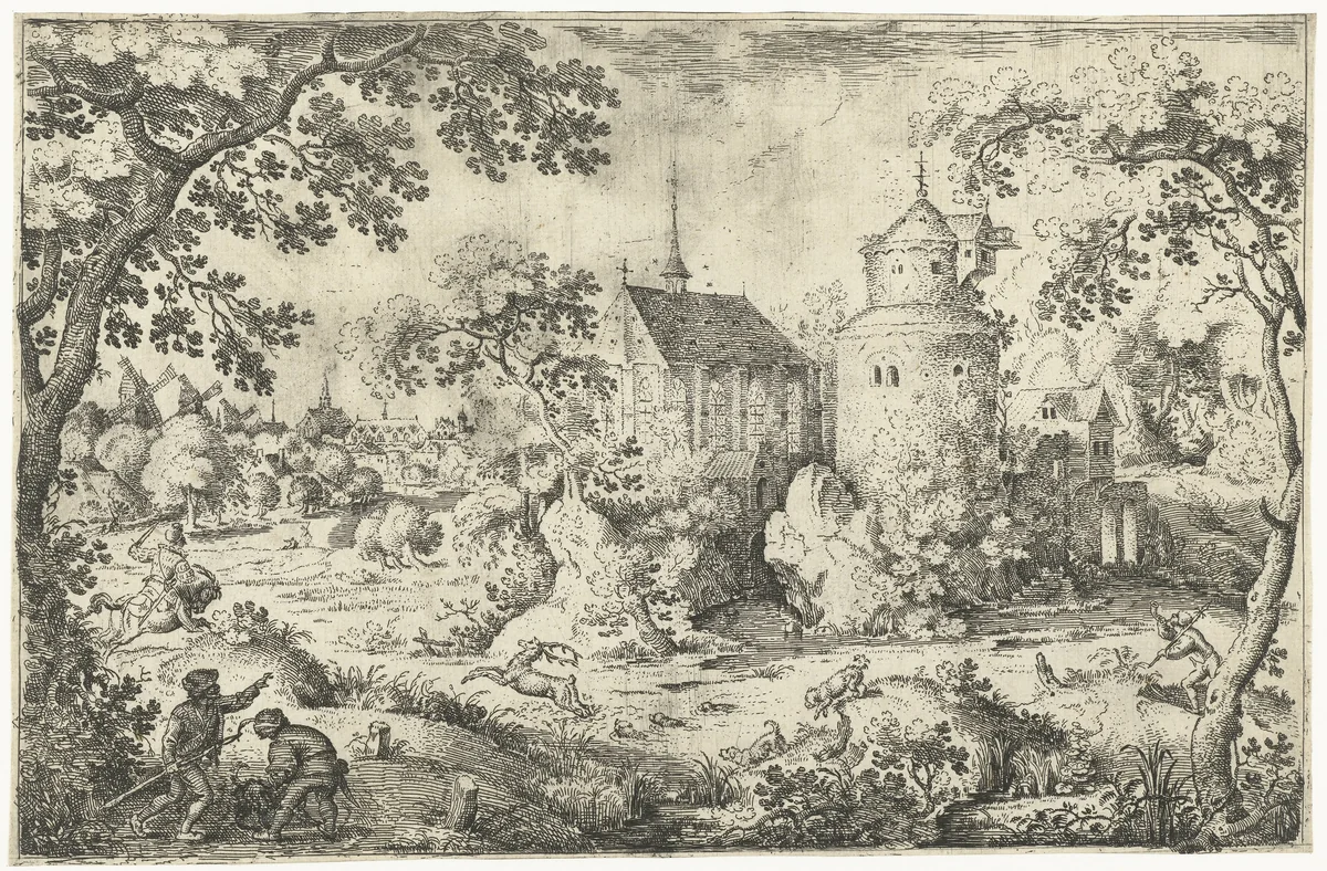 Hertenjacht bij een kapel by Jacob Savery, print, 1602