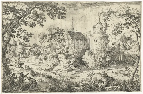 Hertenjacht bij een kapel by Jacob Savery, print, 1602