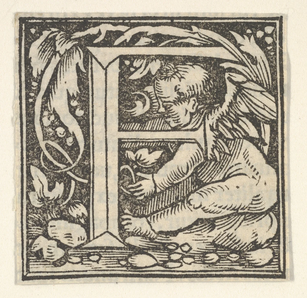 Initial letter F with putto by Heinrich Vogtherr, print, 1533-1540