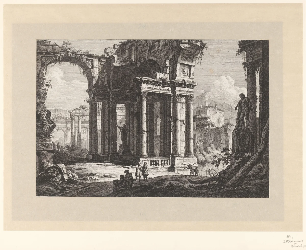 Ruïnes met de Farnese Hercules by Johann Ferdinand Hetzendorff von Hohenberg, print, 1742-1806