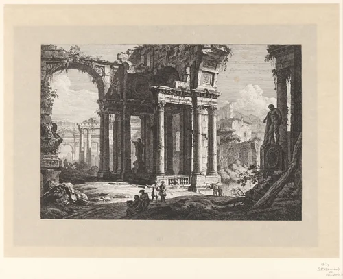 Ruïnes met de Farnese Hercules by Johann Ferdinand Hetzendorff von Hohenberg, print, 1742-1806