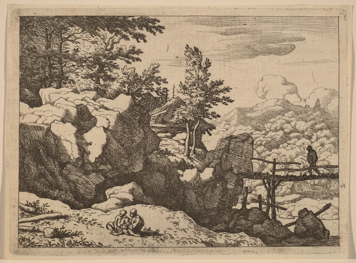 Man on a Small Wooden Bridge by Allart van Everdingen, print, 1645-1656