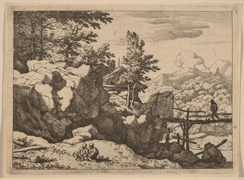 Man on a Small Wooden Bridge by Allart van Everdingen, print, 1645-1656