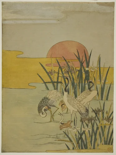 Cranes in an Iris Pond at Sunrise by Isoda Koryusai, print, 1769-1779