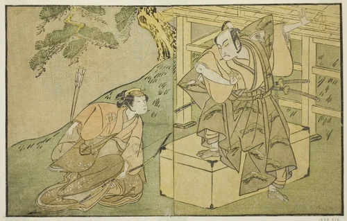 The Actors Onoe Matsusuke I as Akaboshi Taro (right), and Azuma Tozo II as Shirotae (left), in the Play Kono Hana Yotsugi no Hachi no Ki, Performed at the Ichimura Theater in the Eleventh Month, 1771 by Katsukawa Shunsho (勝川 春章), print, 1767-1777