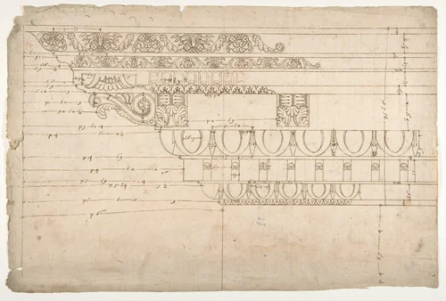 Temple of Minerva, elevation of cornice (recto) Temple of Minerva, elevation of capital and base (verso) by anonymous, drawing, 1500-1560