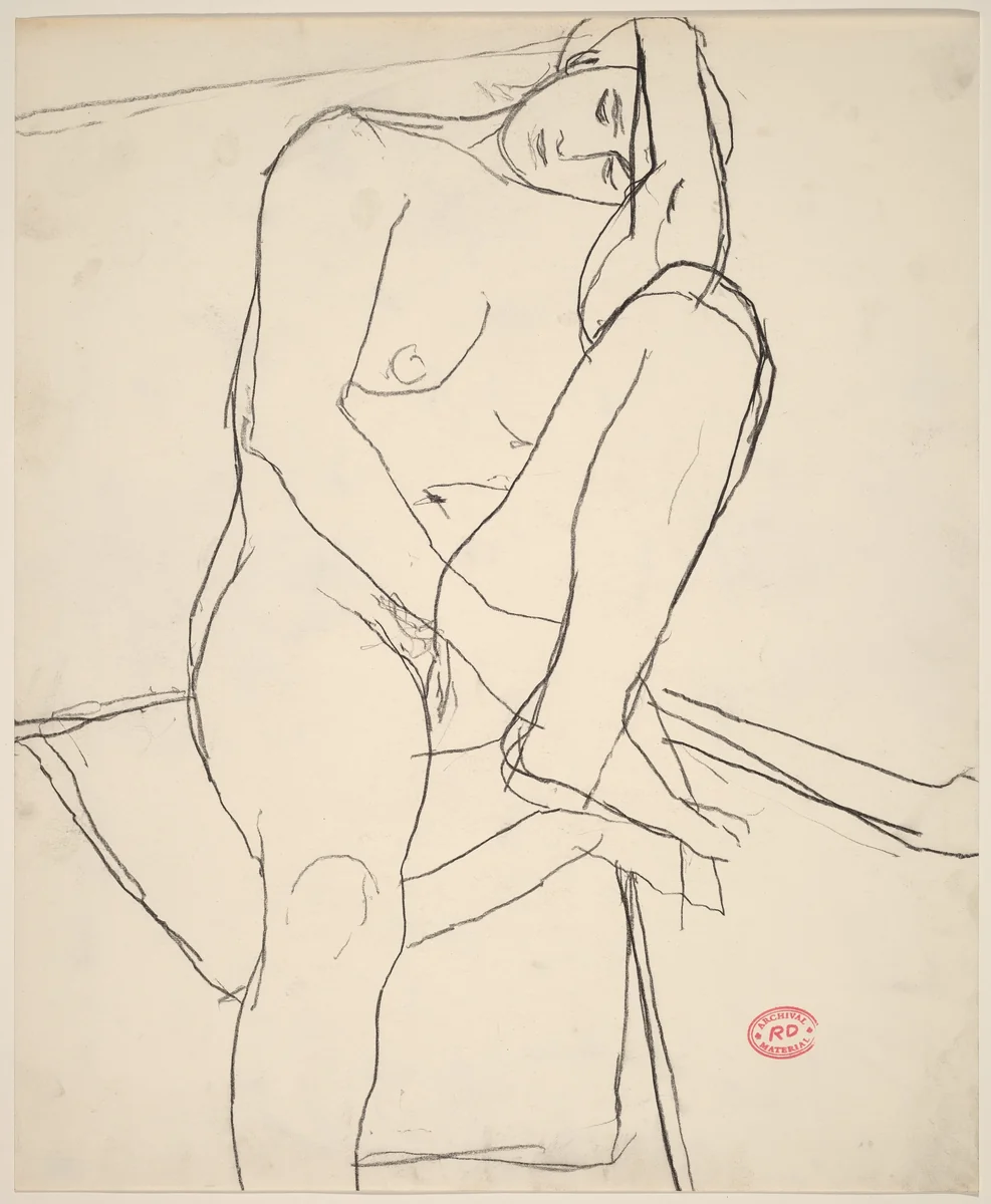 Untitled [seated nude leaning on her left leg] by Richard Diebenkorn, drawing, 1955-1967