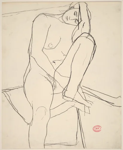 Untitled [seated nude leaning on her left leg] by Richard Diebenkorn, drawing, 1955-1967