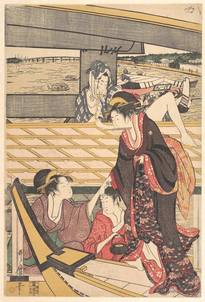 Pleasure Parties in Boats on the Sumida River under the Ryogoku Bridge by Kitagawa Utamaro (喜多川歌麿), print, 1786-1806