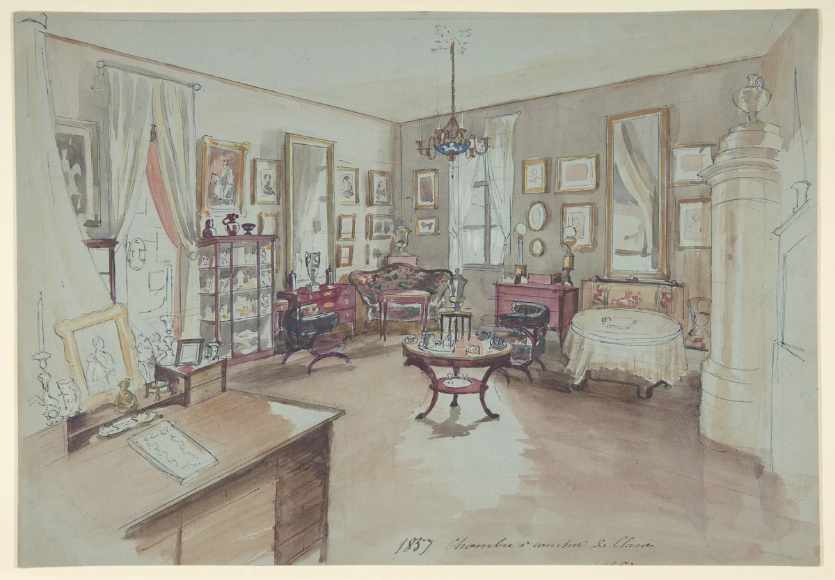 Drawing of an Interior: Chambre à coucher by anonymous, drawing, 1857