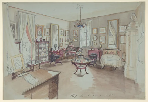 Drawing of an Interior: Chambre à coucher by anonymous, drawing, 1857