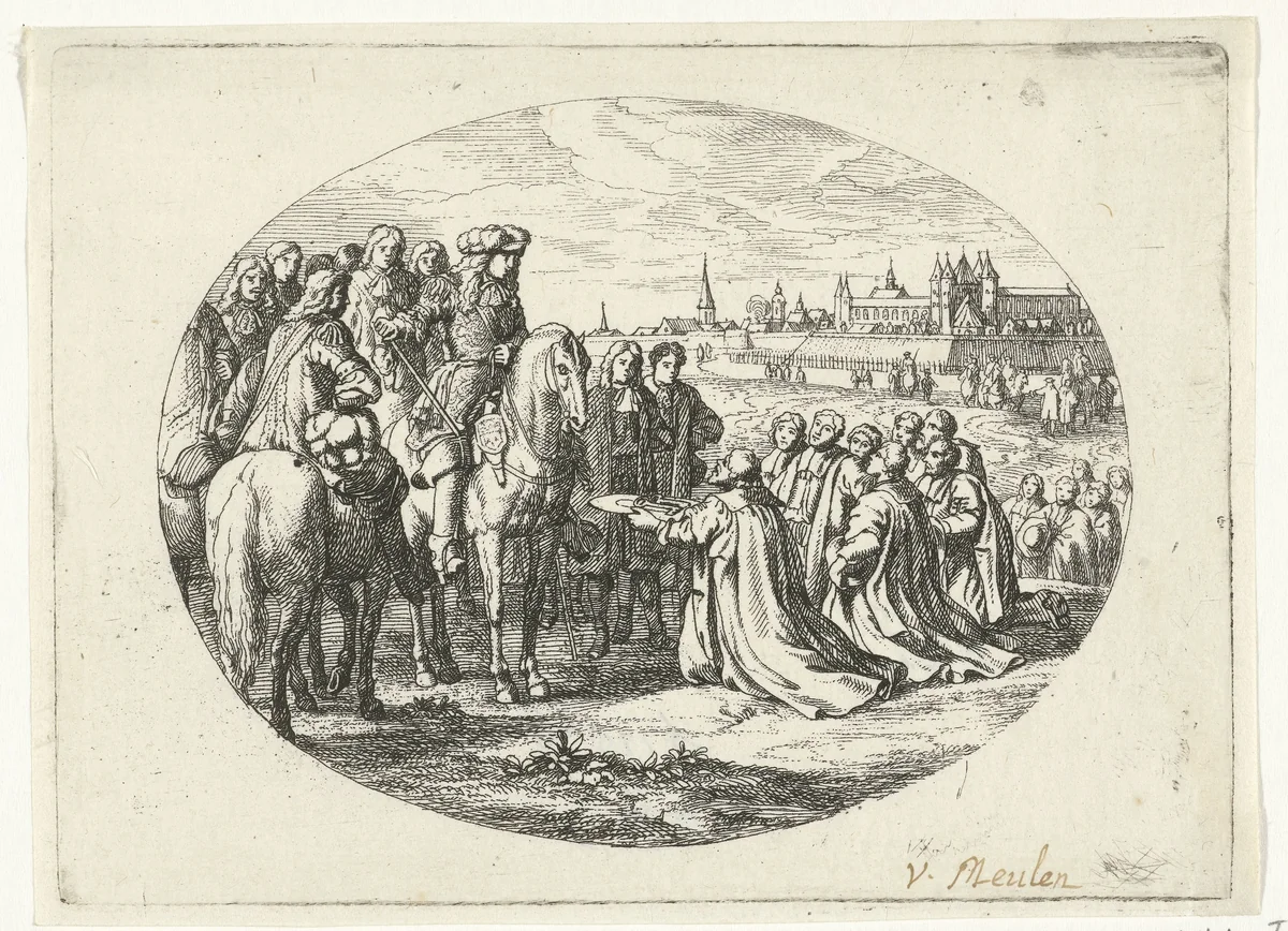 Stadssleutels worden aangeboden aan Lodewijk XIV, koning van Frankrijk by Jan van Huchtenburg, print, 1674-1733