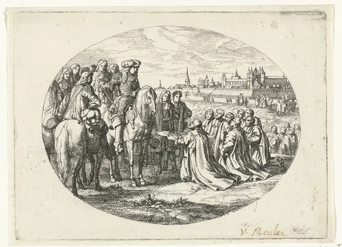 Stadssleutels worden aangeboden aan Lodewijk XIV, koning van Frankrijk by Jan van Huchtenburg, print, 1674-1733