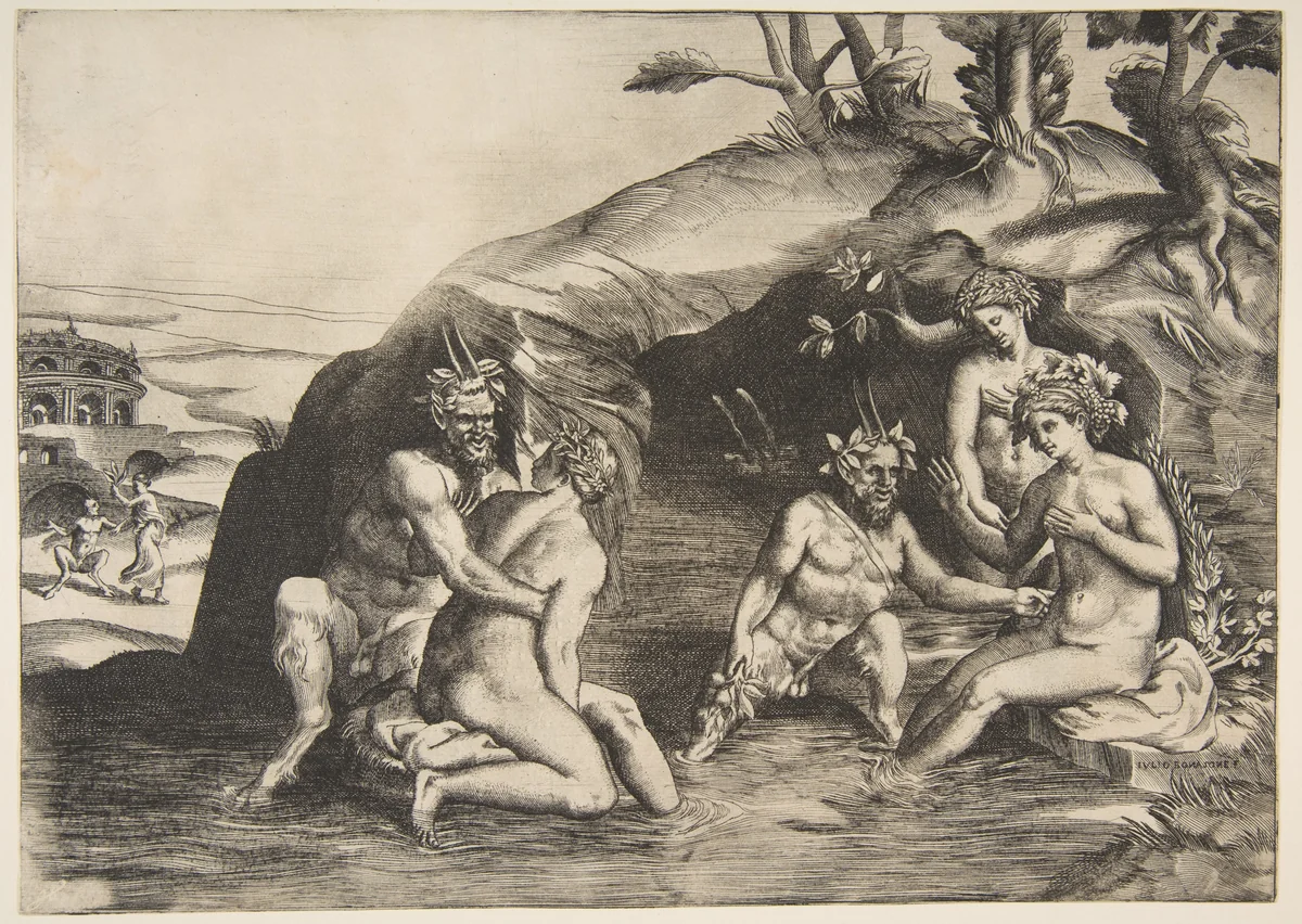 Nymphs and Satyrs bathing by Giulio Bonasone, print, 1531-1576