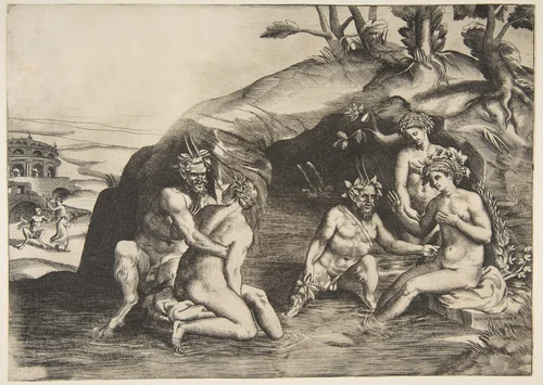 Nymphs and Satyrs bathing by Giulio Bonasone, print, 1531-1576