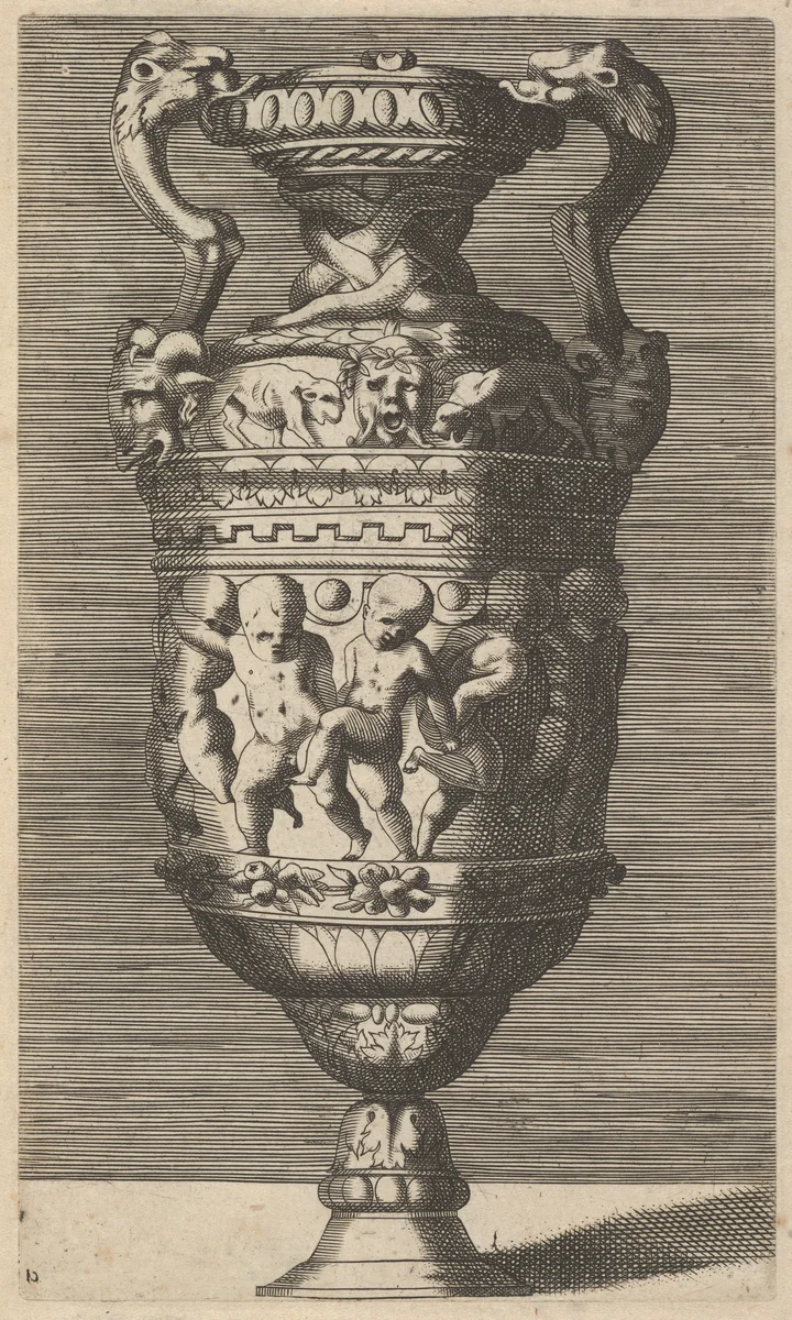 Vase with Dancing Putti by René Boyvin, print, 1670-1700