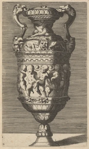 Vase with Dancing Putti by René Boyvin, print, 1670-1700