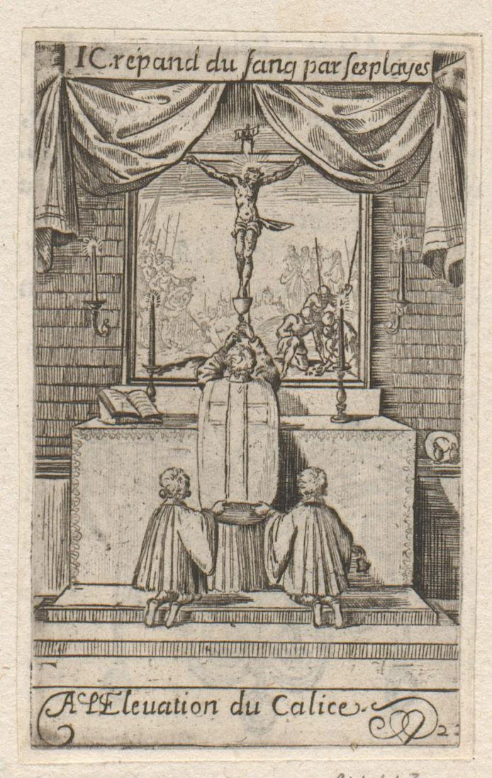 Priester met kelk en twee misdienaars voor een altaar by Sébastien Leclerc, print, 1661