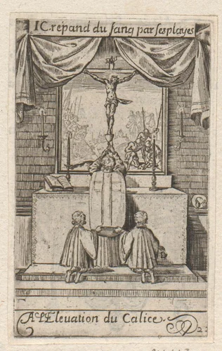 Priester met kelk en twee misdienaars voor een altaar by Sébastien Leclerc, print, 1661