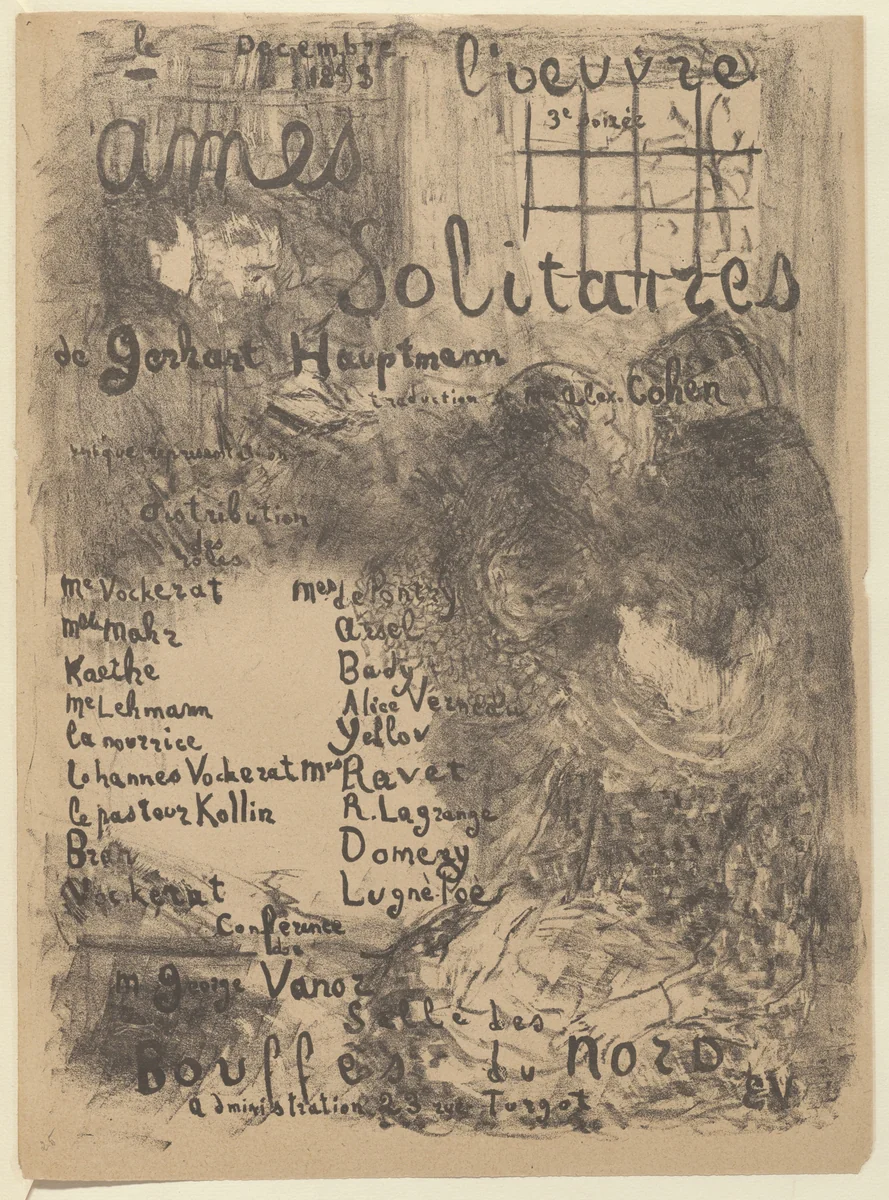Program for Lonely Soles (Âmes solitaires) from The Beraldi Album of Theatre Programs by Édouard Vuillard, print, 1893