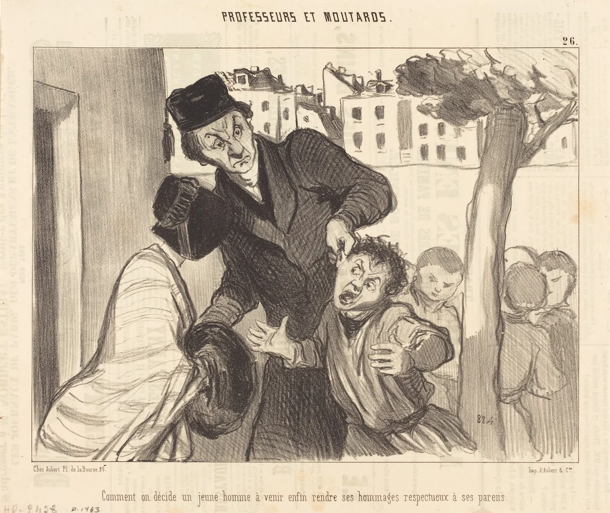 Comment on décide un jeune homme a venir... by Honoré Daumier, print, 1846