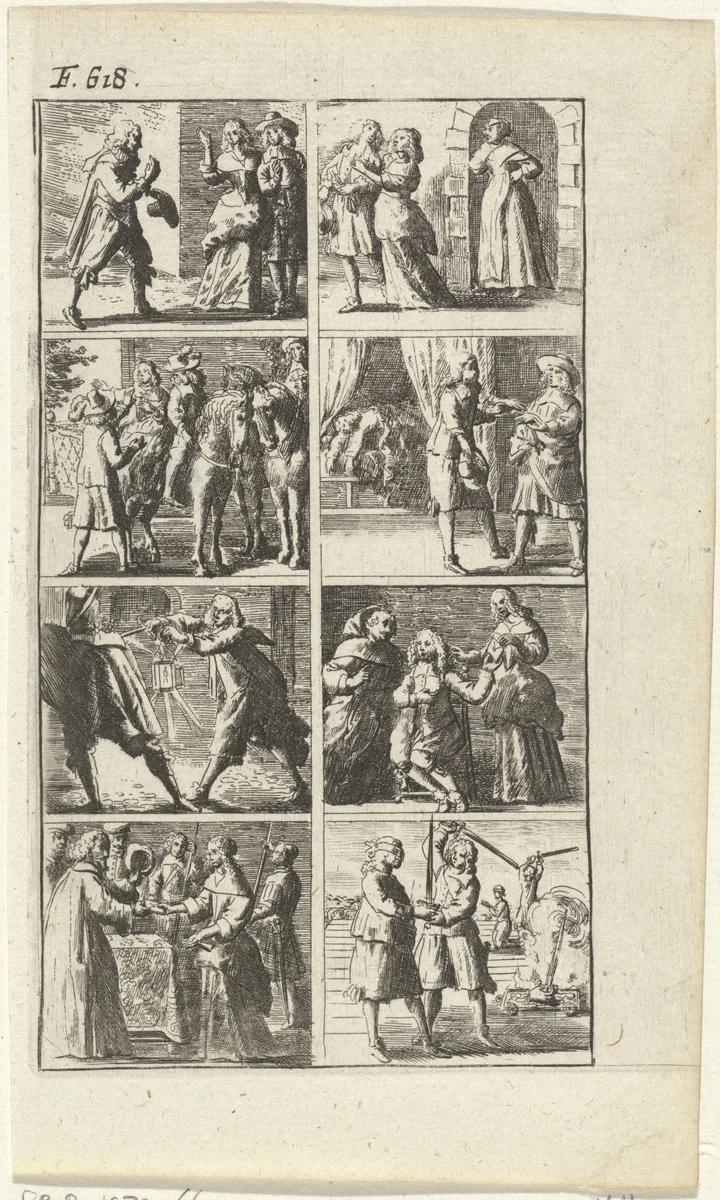 Verhaal met voorstellingen van moord en doodstraf (F. 618.) by Abraham Dircksz. Santvoort, print, 1667
