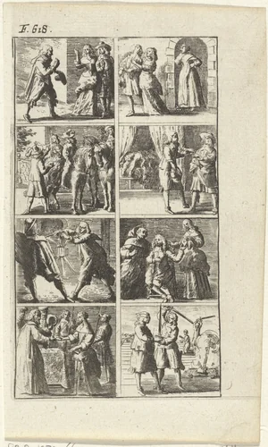 Verhaal met voorstellingen van moord en doodstraf (F. 618.) by Abraham Dircksz. Santvoort, print, 1667