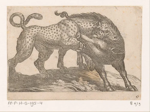 Een luipaard vechtend met een everzwijn by Antonio Tempesta, print, 1600