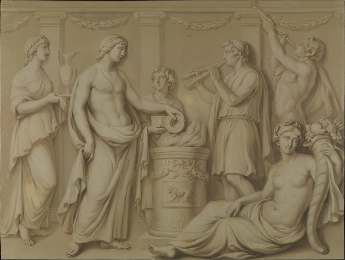 Ceremonial scene with Abundance and Piping Pan by Adam Partnership, painting, 1765-1766