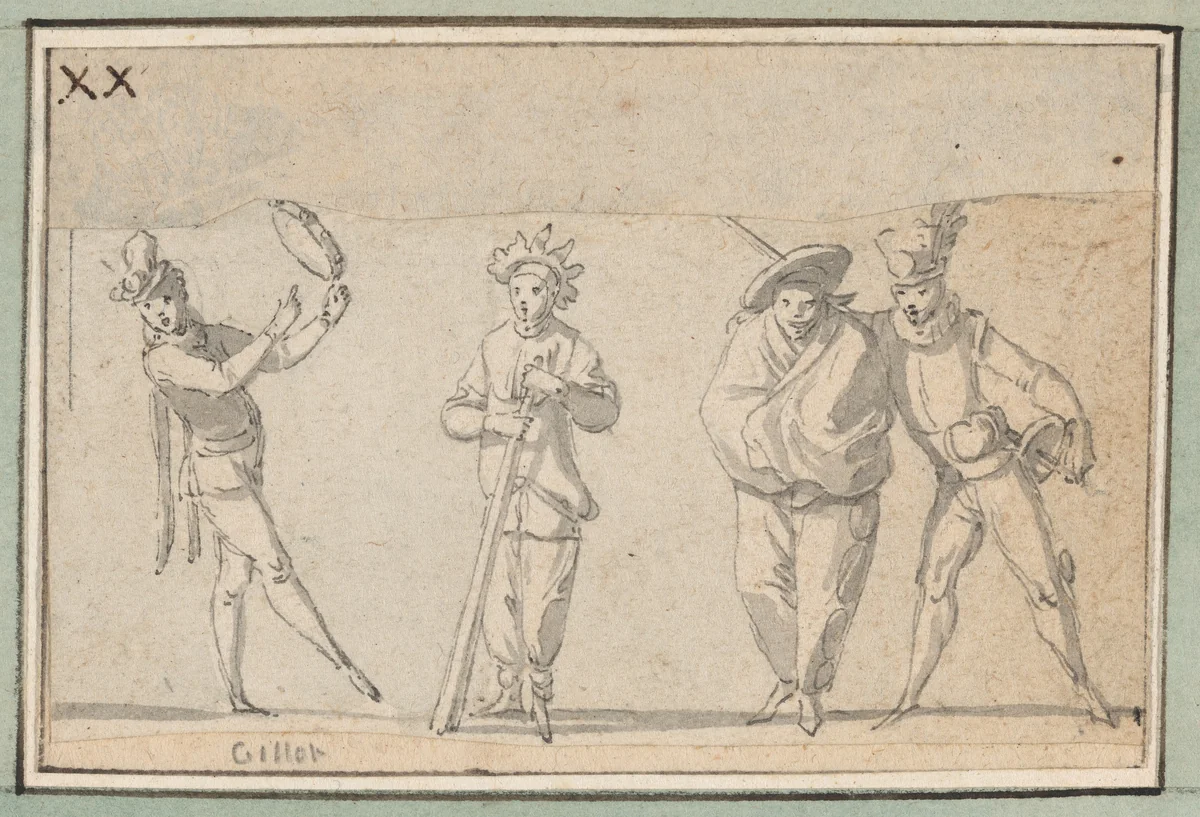 Four Singing Commedia Dell'Arte Characters by Claude Gillot, drawing, 1700-1722