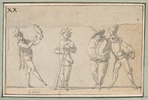 Four Singing Commedia Dell'Arte Characters by Claude Gillot, drawing, 1700-1722